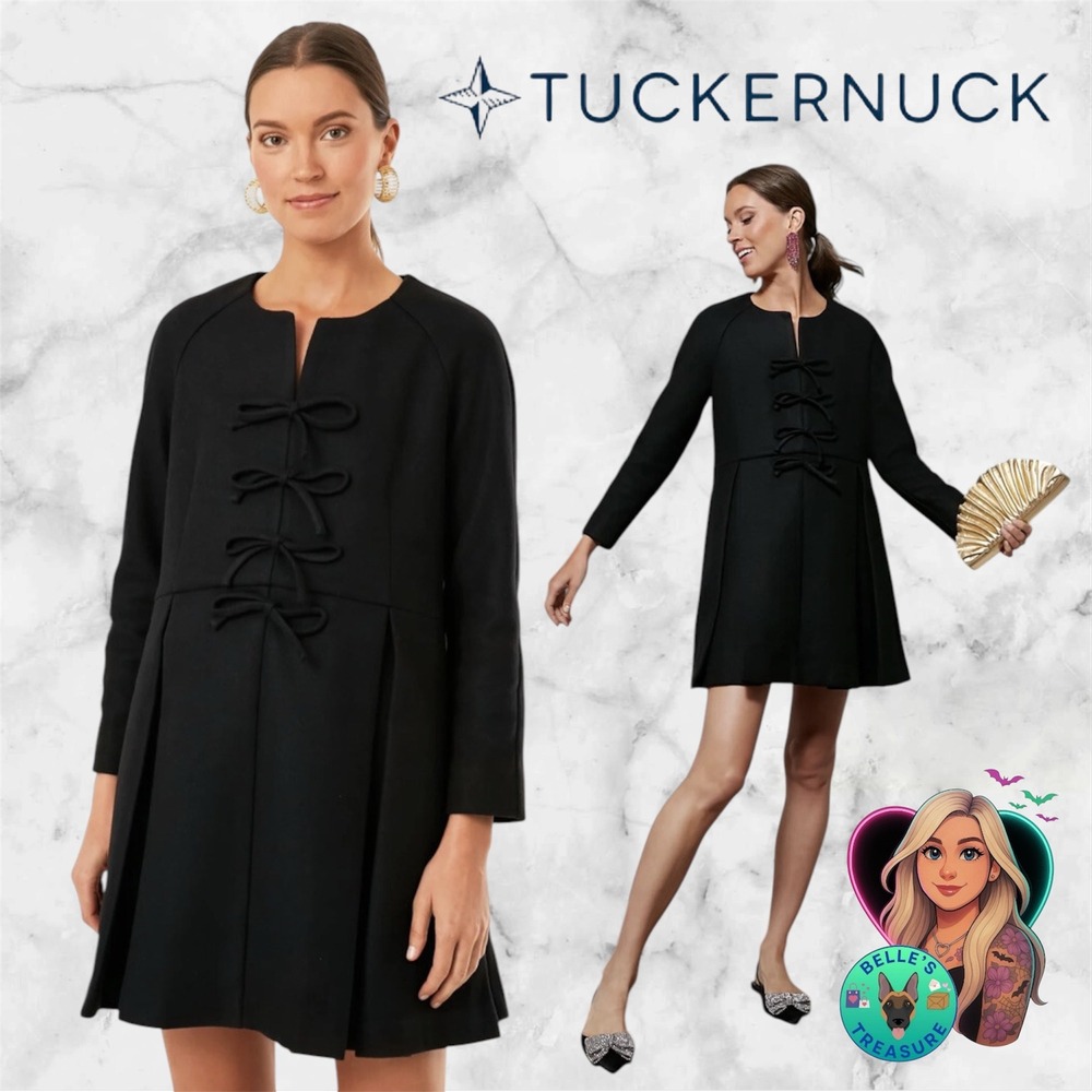 Tuckernuck Women's XL Black Blair Bow Coat Dress Long Sleeve Pleated Pockets NEW
